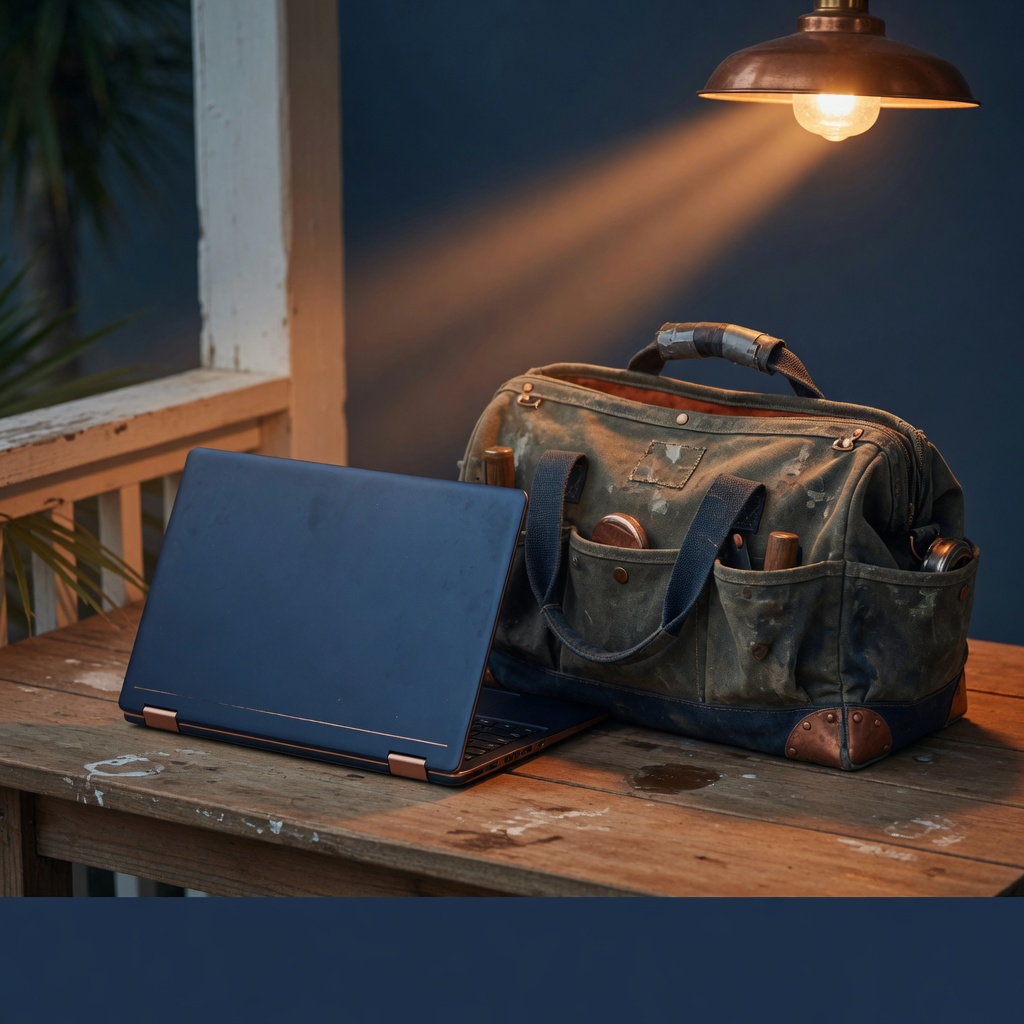 Laptop and tool bag on a wooden table