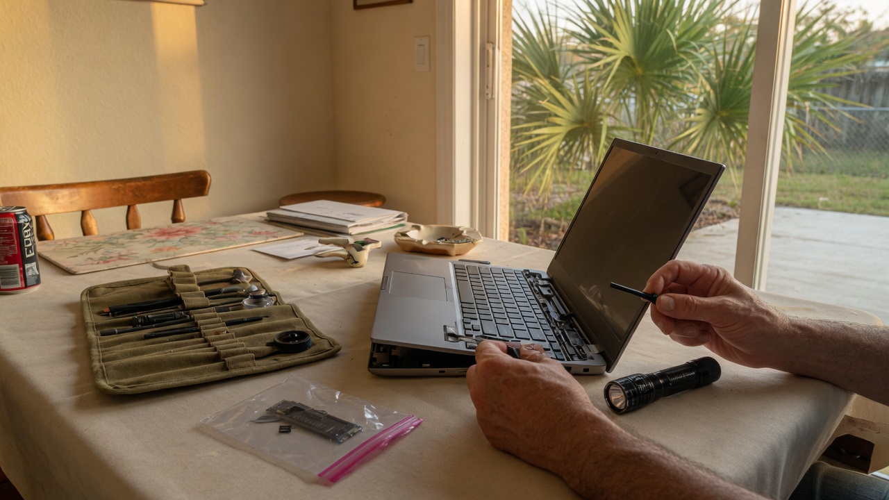 On-site laptop repair at a Florida kitchen table
